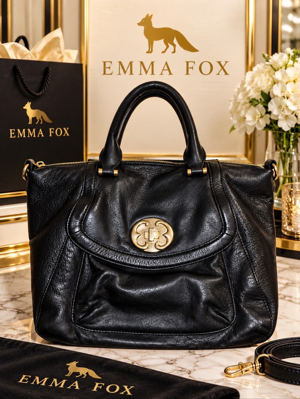 Black Pebbled Lewther Satchel By Emma Fox